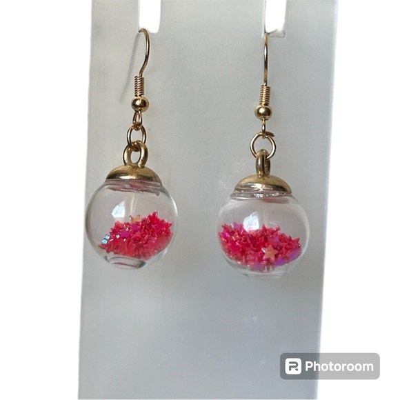 Handmade Gold Dangle Earrings with Clear Globe & Pink Star Glitter Cute … - Picture 3 of 3